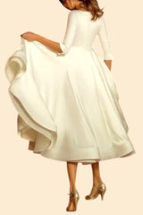 Simple A-Line V-Neck Satin Tea-Length Wedding Dresses with Sleeves-27dress