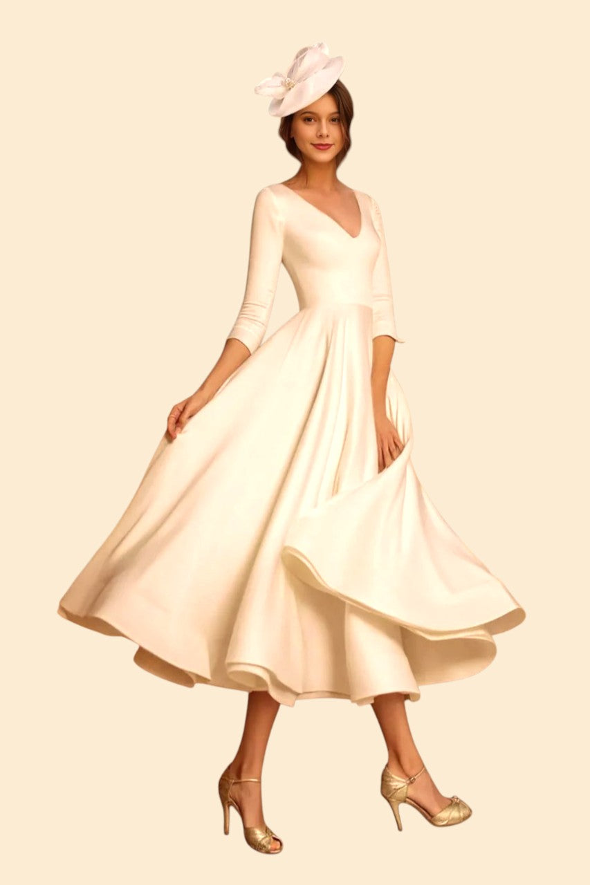 Simple A-Line V-Neck Satin Tea-Length Wedding Dresses with Sleeves-27dress