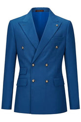 Simple Double Breasted Peaked Lapel Blue Prom Suits