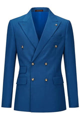 Simple Double Breasted Peaked Lapel Blue Prom Suits