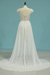 Simple Chiffon Ruffles Lace Wedding Dress Appliques Cap Sleeves V-neck Beadings Bridal Gowns On Sale-27dress