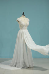 Simple Chiffon Ruffles Lace Wedding Dress Appliques Cap Sleeves V-neck Beadings Bridal Gowns On Sale-27dress