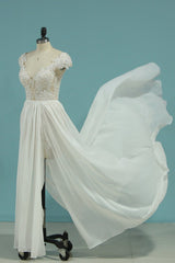 Simple Chiffon Ruffles Lace Wedding Dress Appliques Cap Sleeves V-neck Beadings Bridal Gowns On Sale-27dress