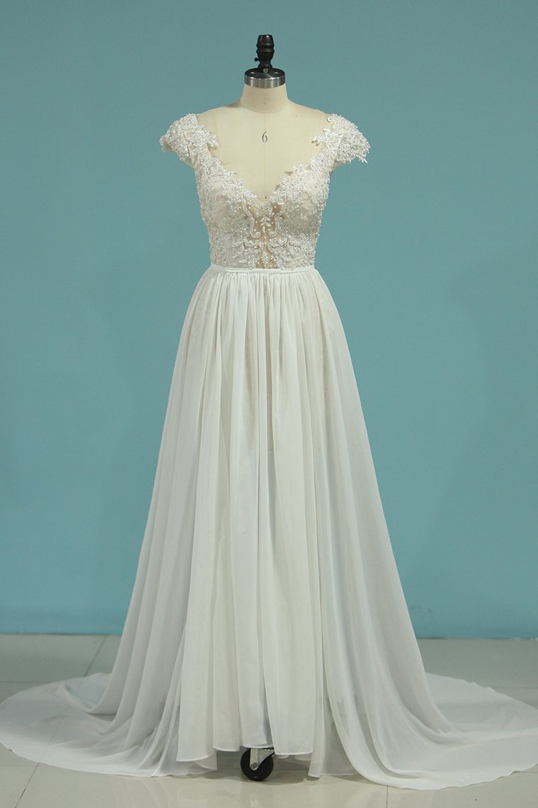 Simple Chiffon Ruffles Lace Wedding Dress Appliques Cap Sleeves V-neck Beadings Bridal Gowns On Sale-27dress
