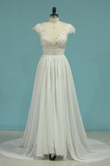 Simple Chiffon Ruffles Lace Wedding Dress Appliques Cap Sleeves V-neck Beadings Bridal Gowns On Sale-27dress