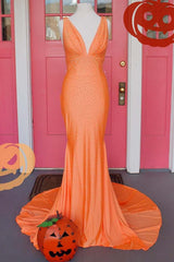 Simple Deep V-Neck Sleeveless Backless Long Mermaid Prom Dress with Appliques