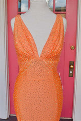 Simple Deep V-Neck Sleeveless Backless Long Mermaid Prom Dress with Appliques