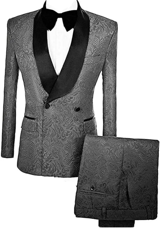 Simple Double Breasted Jacquard Gray Wedding Suits With Velvet Lapel