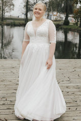 27DRESS Simple Half Sleeves Plus Size A-line Lace Wedding Dresses