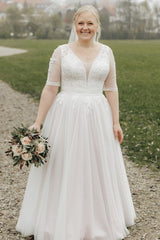 27DRESS Simple Half Sleeves Plus Size A-line Lace Wedding Dresses