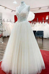 Simple Ivory Tulle Lace Ruffles A-Line Wedding Dresses-27dress