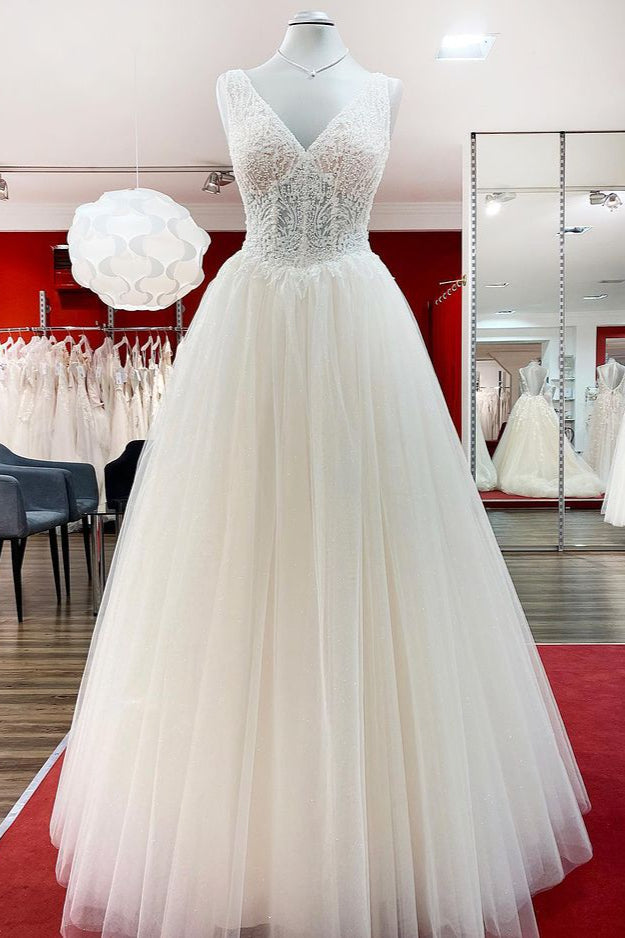 Simple Ivory Tulle Lace Ruffles A-Line Wedding Dresses-27dress