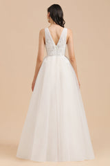Simple Ivory V-Neck Tulle Lace Wedding Dress Appliques Garden Bridal Gowns-27dress
