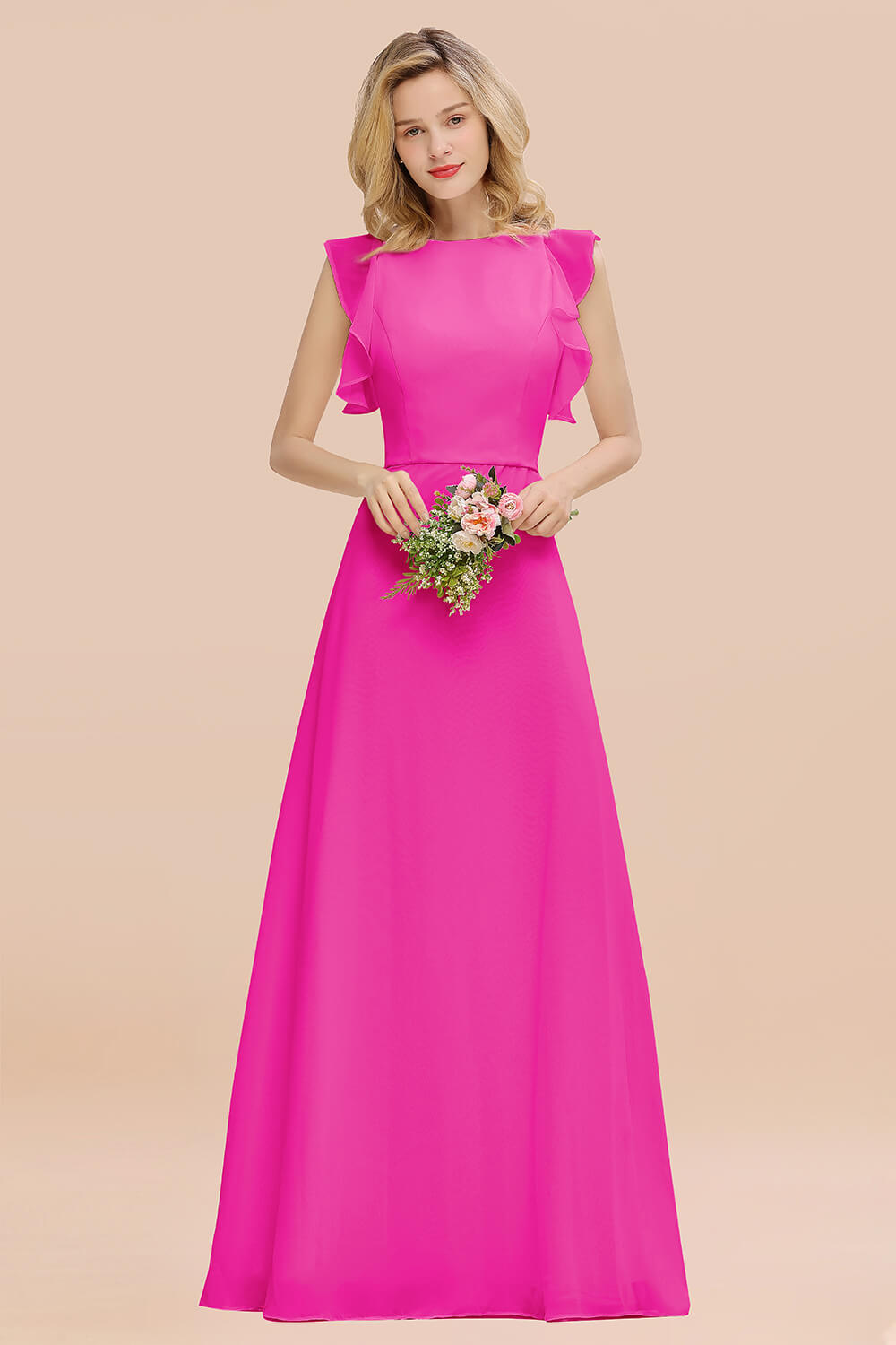 Simple Jewel Draped Sleeves Blushing Pink Bridesmaid Dress Online-27dress