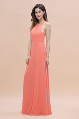 Simple Jewel Sleeveless Coral Chiffon Bridesmaid Dress Online-27dress