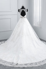 Simple Jewel Tulle Lace Wedding Dress A-Line Appliques Beadings Bridal Gowns with Sash Online-27dress