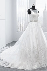 Simple Jewel Tulle Lace Wedding Dress A-Line Appliques Beadings Bridal Gowns with Sash Online-27dress