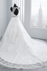 Simple Jewel Tulle Lace Wedding Dress A-Line Appliques Beadings Bridal Gowns with Sash Online-27dress