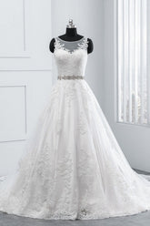 Simple Jewel Tulle Lace Wedding Dress A-Line Appliques Beadings Bridal Gowns with Sash Online-27dress
