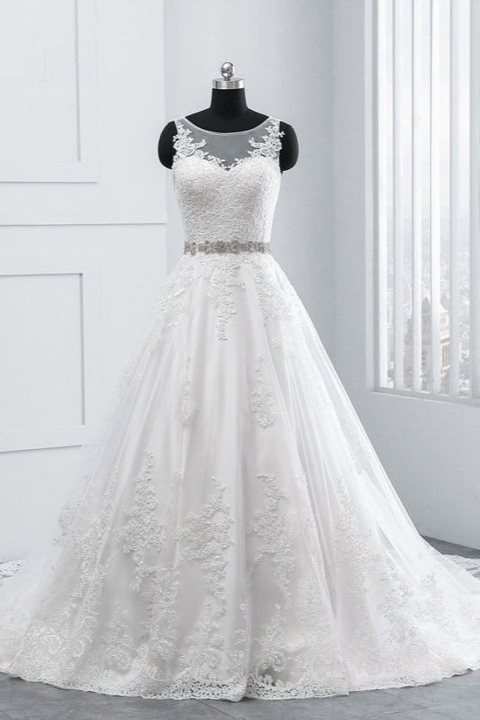 Simple Jewel Tulle Lace Wedding Dress A-Line Appliques Beadings Bridal Gowns with Sash Online-27dress