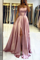 Simple Long A-line Spaghetti Straps Open Back Prom Dress with Slit-27Dress