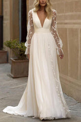 Simple Long Sleeves Deep V-neck Lace Wedding Dress with Slit From 27dress