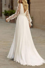Simple Long Sleeves Deep V-neck Lace Wedding Dress with Slit From 27dress
