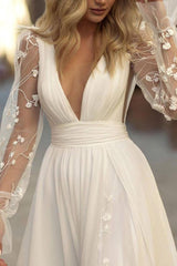 Simple Long Sleeves Deep V-neck Lace Wedding Dress with Slit From 27dress
