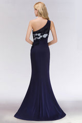 Simple Mermaid One-Shoulder Navy Bridesmaid Dresses with Slit-27dress