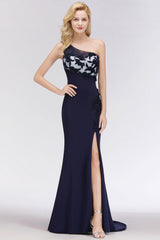 Simple Mermaid One-Shoulder Navy Bridesmaid Dresses with Slit-27dress
