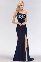 Simple Mermaid One-Shoulder Navy Bridesmaid Dresses with Slit-27dress