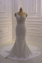Simple Mermaid Tulle Wedding Dress Straps Sleeveless V-Neck Bridal Gowns On Sale-27dress