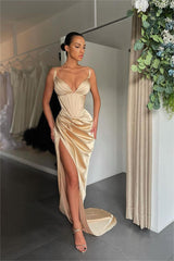Simple Orange Satin Sleeveless Spaghetti Strap Long Prom Dress With Split