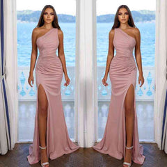 Simple Pink One Shoulder Sleeveless Pleated Prom Dress With Split