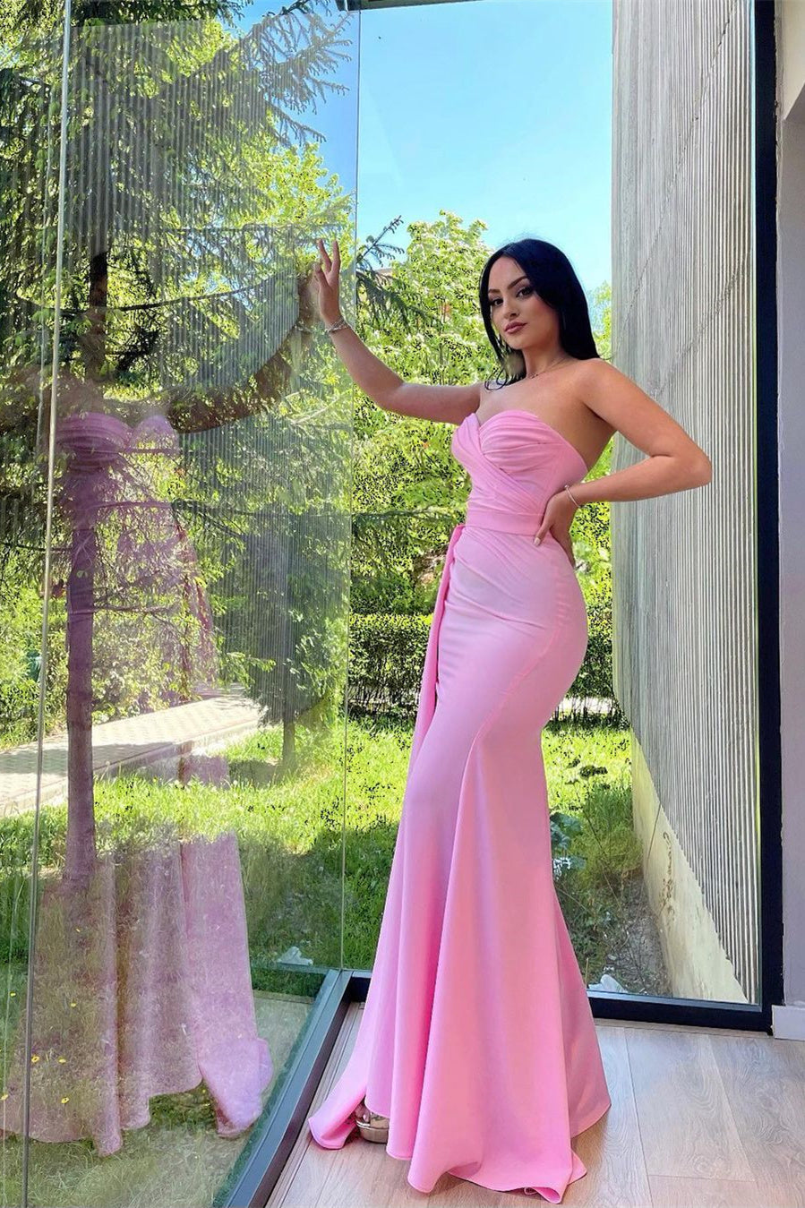 Simple Pink Sweetheart Sleeveless Mermaid Prom Dress With Split Ruffles