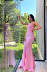 Simple Pink Sweetheart Sleeveless Mermaid Prom Dress With Split Ruffles