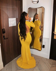Simple Red Mermaid Prom Dress Long Sleeves Open Back With Ruffles