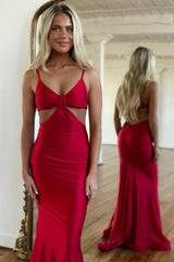 Simple Red Spaghetti Straps V-neck Mermaid Long Prom Dress-27dress