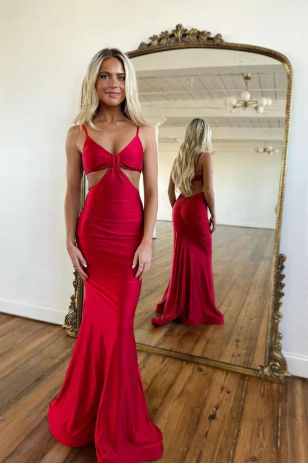 Simple Red Spaghetti Straps V-neck Mermaid Long Prom Dress-27dress