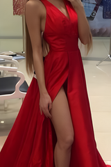 Simple Red V-neck A-line Long Prom Dress with Slit and Train-27dress