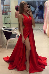 Simple Red V-neck A-line Long Prom Dress with Slit and Train-27dress