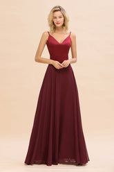 Simple Satin Chiffon Spaghetti-Straps Burgundy Long Bridesmaid Dress-27dress