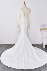 Simple Satin Mermaid Jewel Wedding Dress Tulle Lace Long Sleeves Bridal Gowns On Sale-27dress