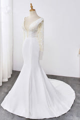 Simple Satin Mermaid Jewel Wedding Dress Tulle Lace Long Sleeves Bridal Gowns On Sale-27dress