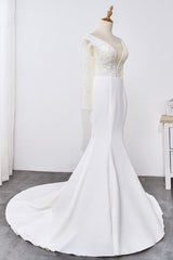 Simple Satin Mermaid Jewel Wedding Dress Tulle Lace Long Sleeves Bridal Gowns On Sale-27dress