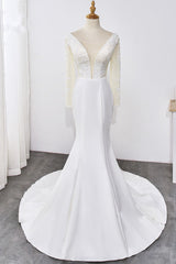 Simple Satin Mermaid Jewel Wedding Dress Tulle Lace Long Sleeves Bridal Gowns On Sale-27dress