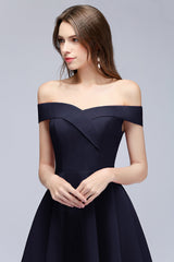 Simple Short Off the Shoulder Satin Dark Navy Bridesmaid Dress-27Dress