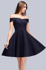 Simple Short Off the Shoulder Satin Dark Navy Bridesmaid Dress-27Dress