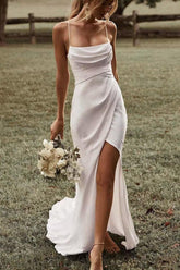Simple Spaghetti Straps Satin Mermaid Wedding Dress-27dress