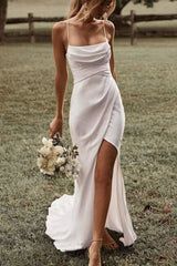 Simple Spaghetti Straps Satin Mermaid Wedding Dress-27dress